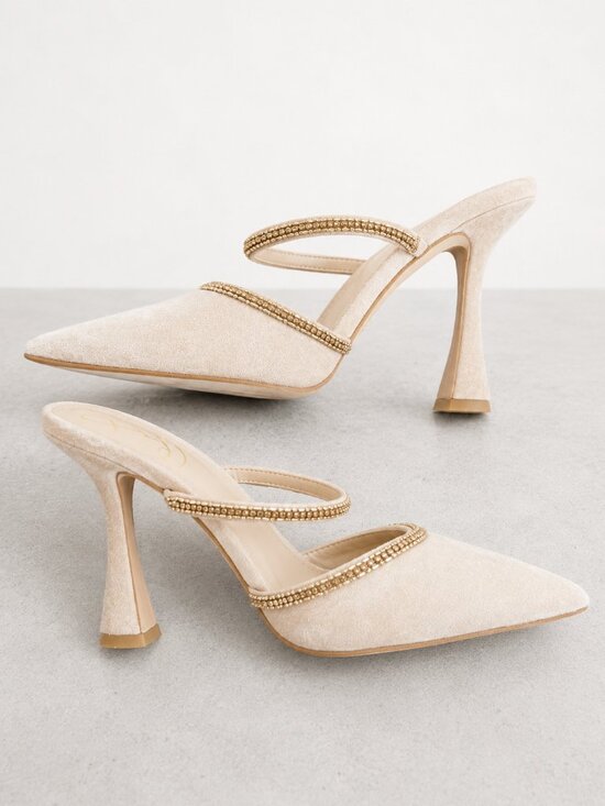 Sam Edelman Shoes - SAM EDELMAN Anita Beige Suede Embellished Pointed Toe Mules Heels - Size 7.5